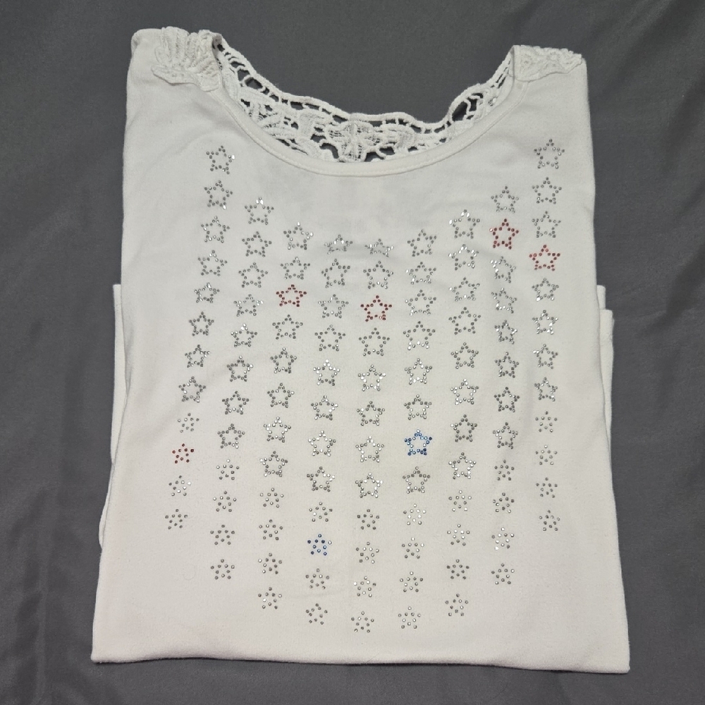 CJ Banks 2X Americana White Lace 3/4 Sleeve Accent Top